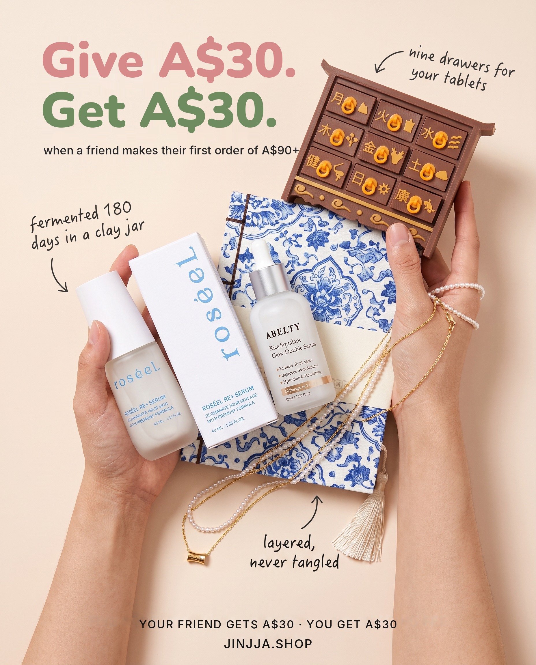 Give A$30, get A$30 — Roséel serum, ABELTY serum, Miniminimi medicine cabinet and December pearl necklaces