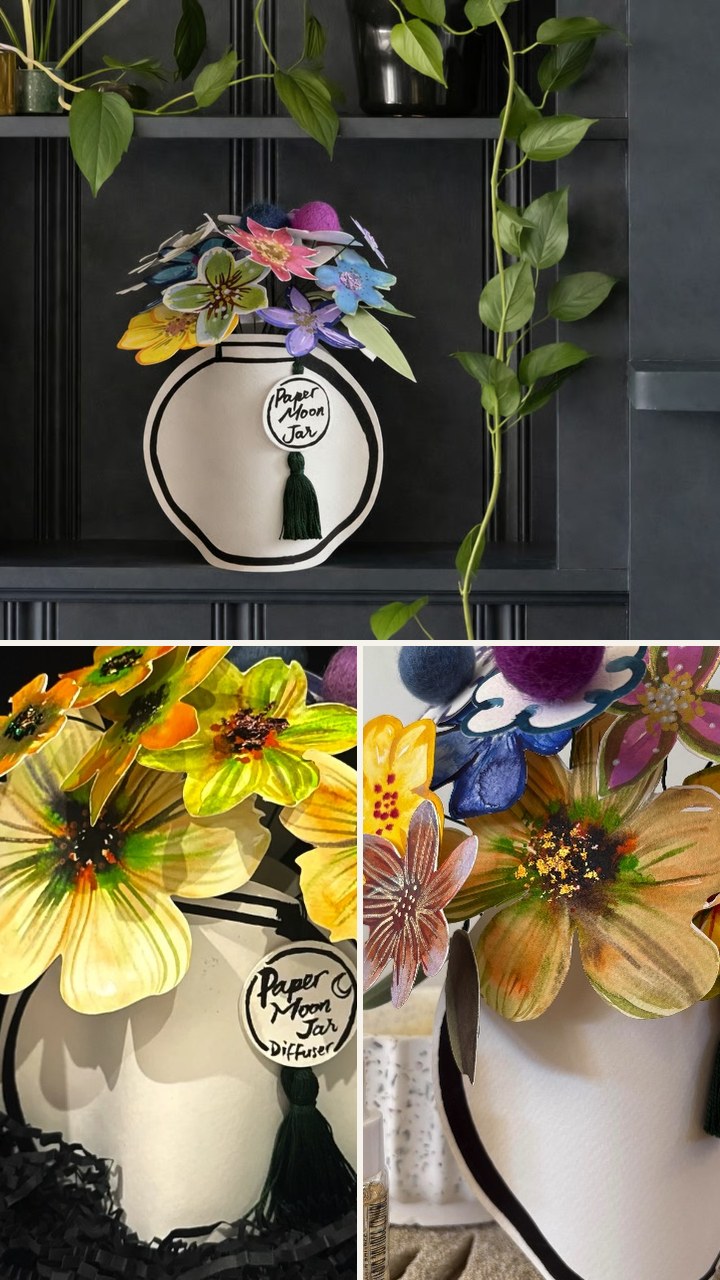 Pick by Kathy paper moon jar diffuser with hand-painted paper flowers and a tassel