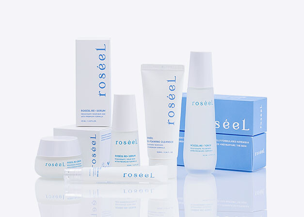 The Roséel RE+ line: cleanser, toner, serum, cream and eye cream